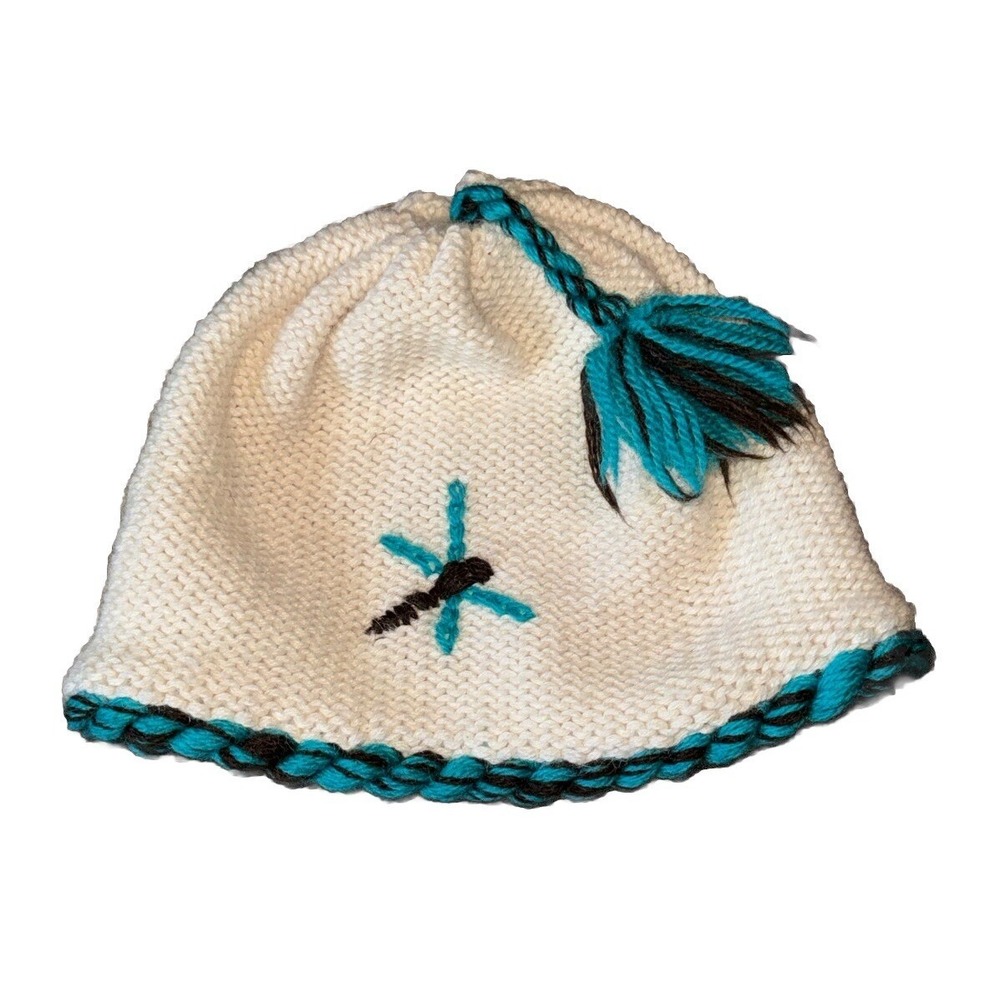Dohm Icebox Beanie Hat Alpaca Tassel Dragonfly Ivory Teal Winter Lined USA OS